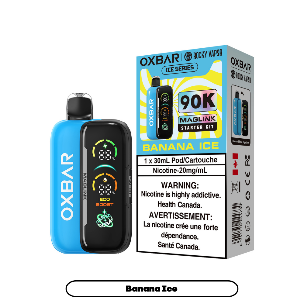 Oxbar x Rocky Vapor Maglink Disposable Vape Banana Ice disposable vape with 90000 puffs and dual mesh coil in Canada