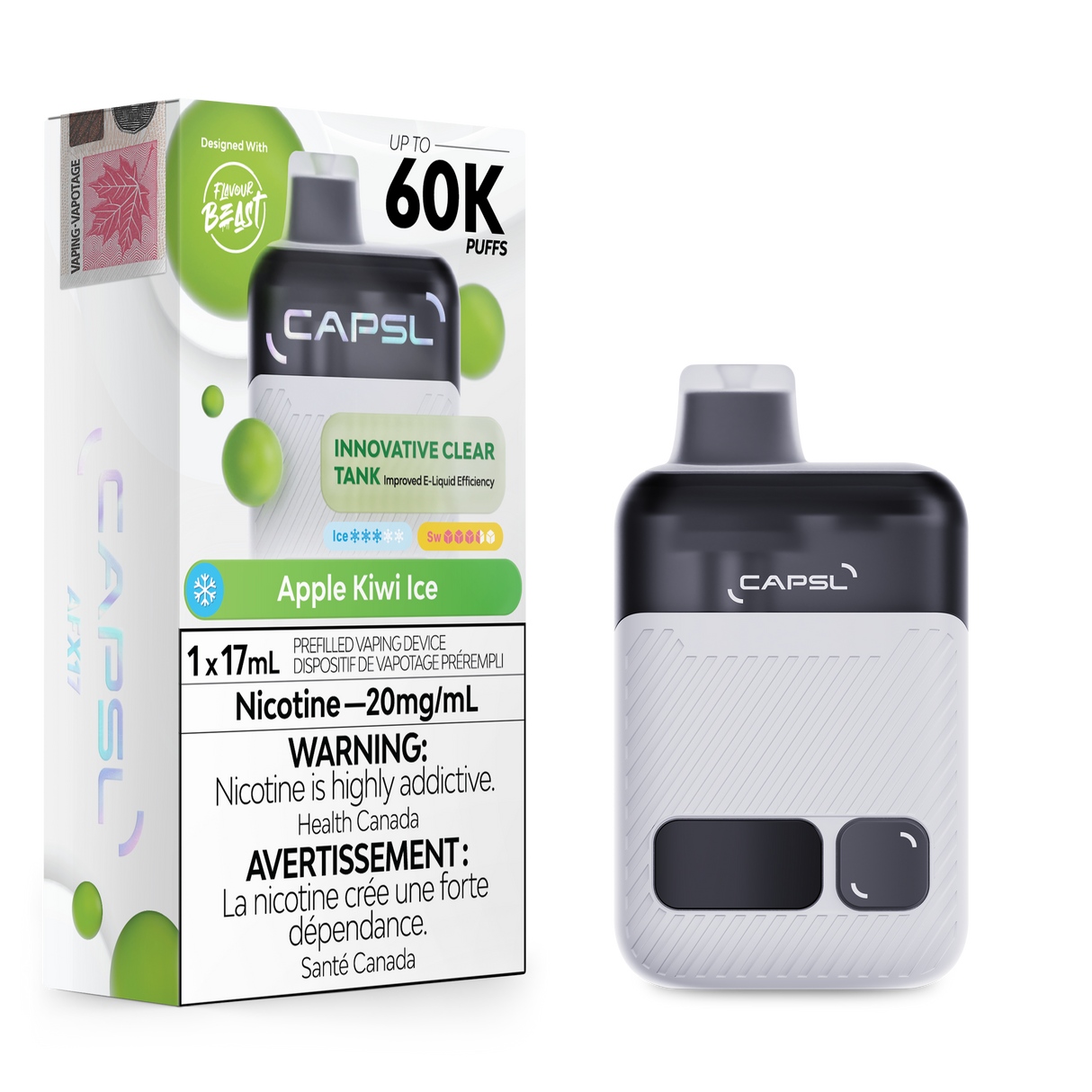 CAPSL 60K Apple Kiwi Ice disposable vape with 60000 puffs and 20mg nicotine shown with device and box packaging.