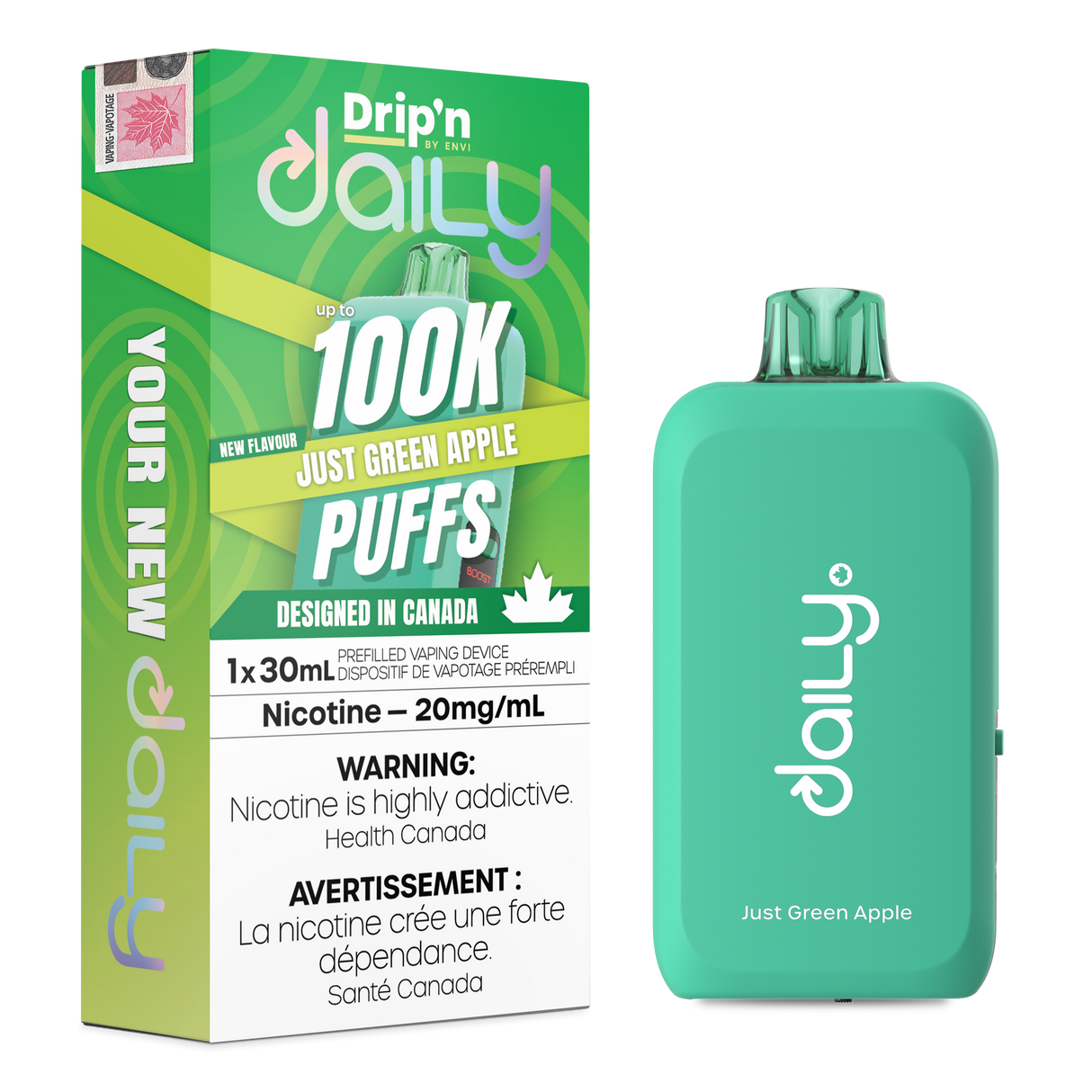 Drip’n Daily 30mL Disposable Just Green Apple disposable vape with 100,000 puffs and Eco Boost modes in Canada