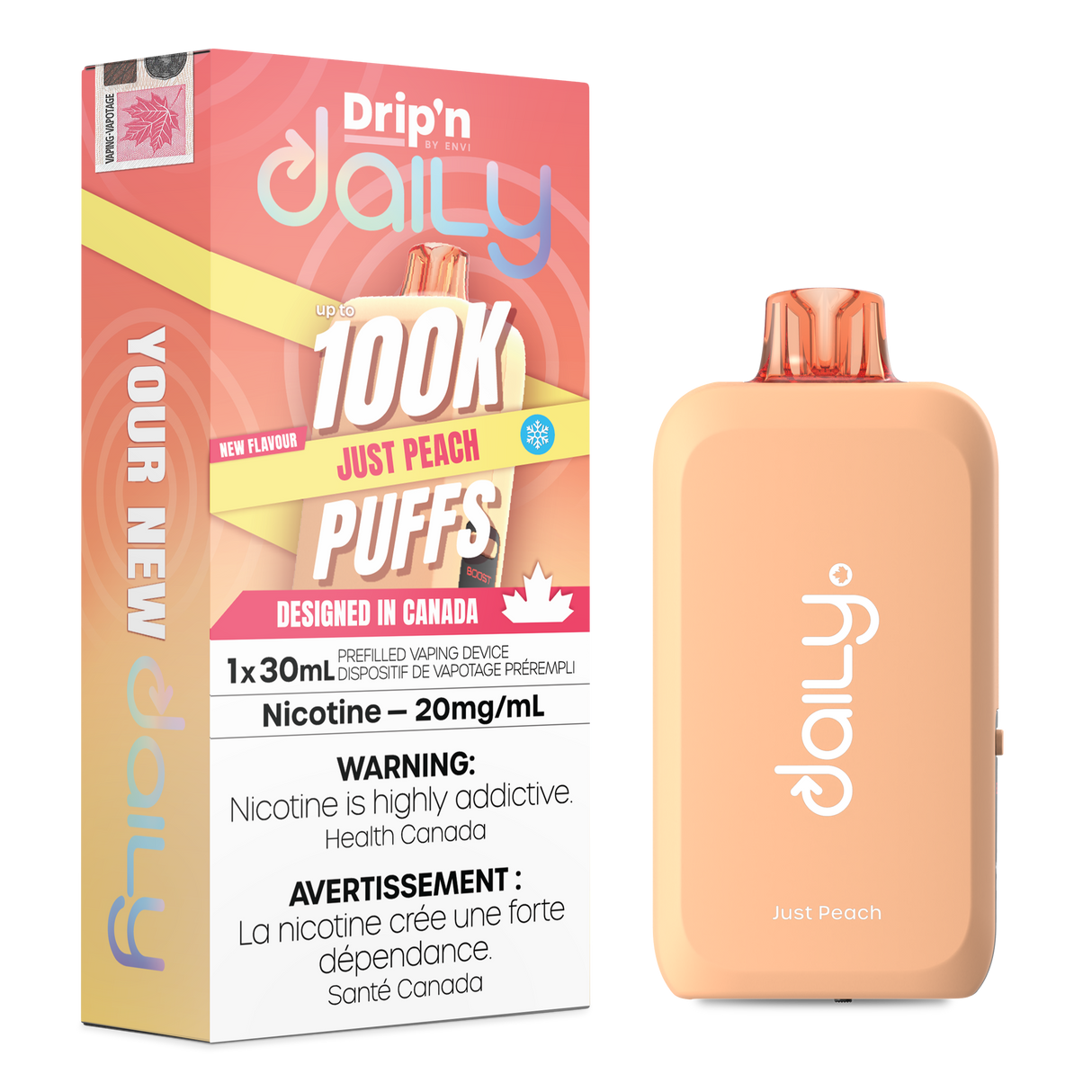Drip’n Daily 30mL Disposable Just Peach disposable vape with 100,000 puffs and dual mesh coil in Canada