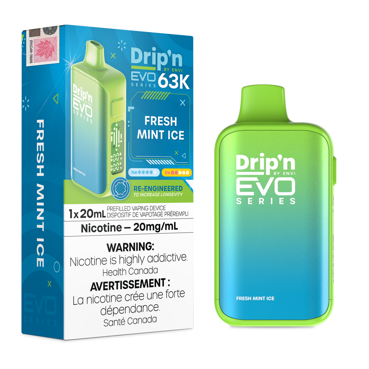 Drip’n by Envi EVO 63,000 puffs disposable vape Fresh Mint Ice- 20mL E-liquid - Nicotine Strength 20mg/mL