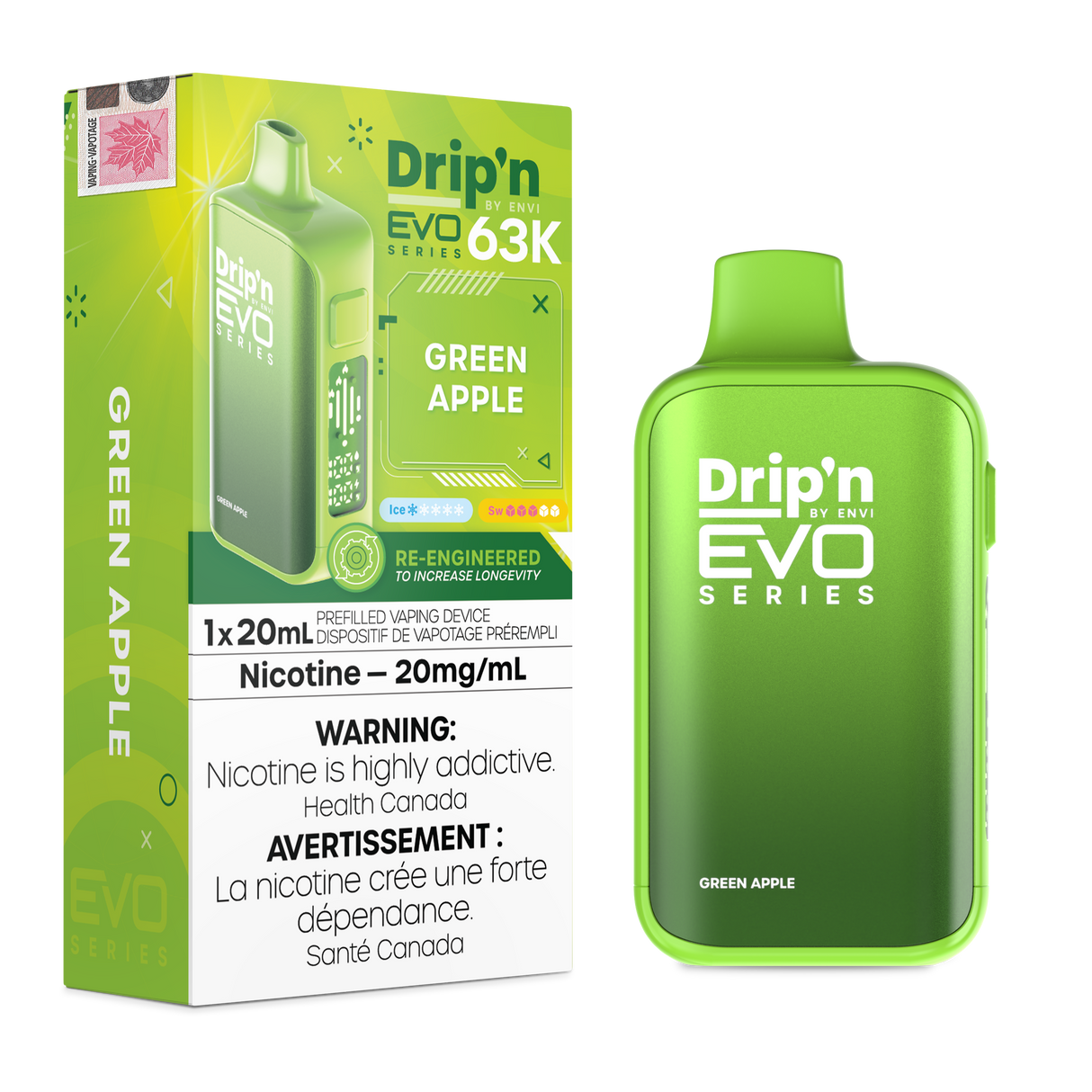 Drip’n by Envi EVO 63,000 puffs disposable vape GreenApple- 20mL E-liquid - Nicotine Strength 20mg/mL