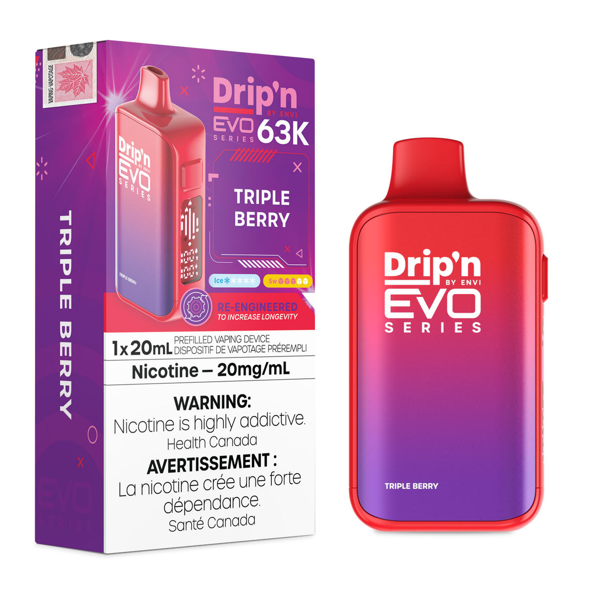 Drip’n by Envi EVO 63,000 puffs disposable vape Triple Berry - 20mL E-liquid - Nicotine Strength 20mg/mL