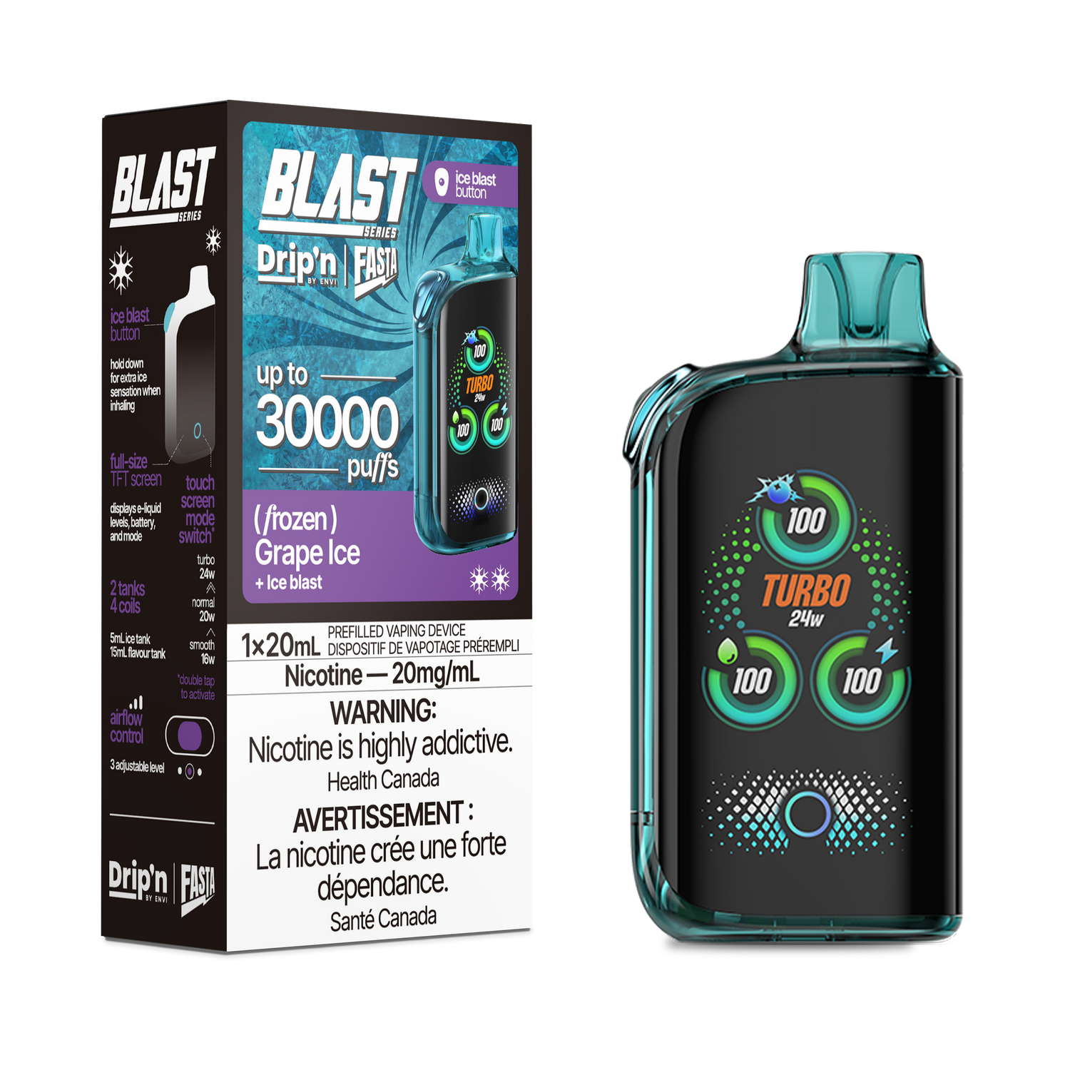 Drip'n By Envi FASTA Blast Series 30K Disposable Vapes - Grape Ice Flavor