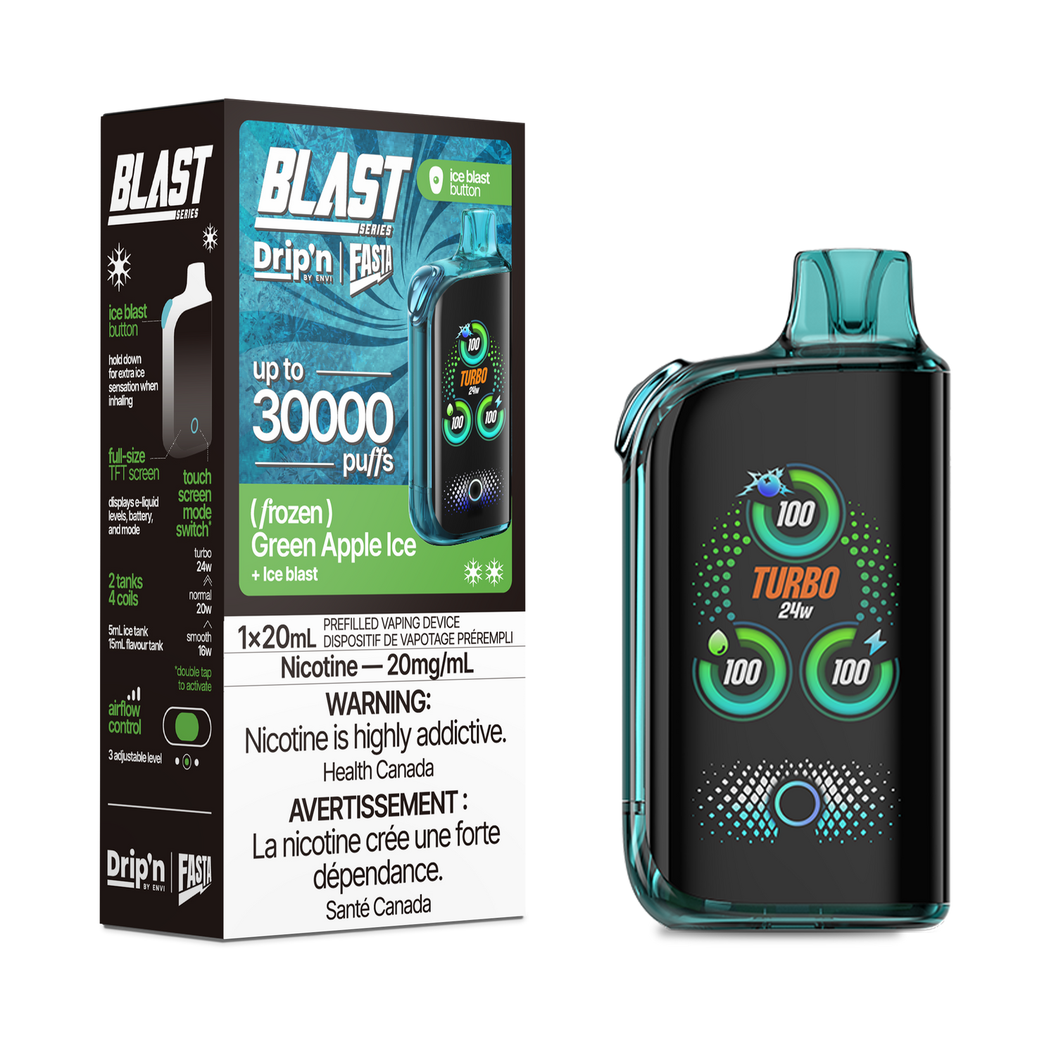 Drip'n By Envi FASTA Blast Series 30K Disposable Vapes - Green Apple Ice Flavor