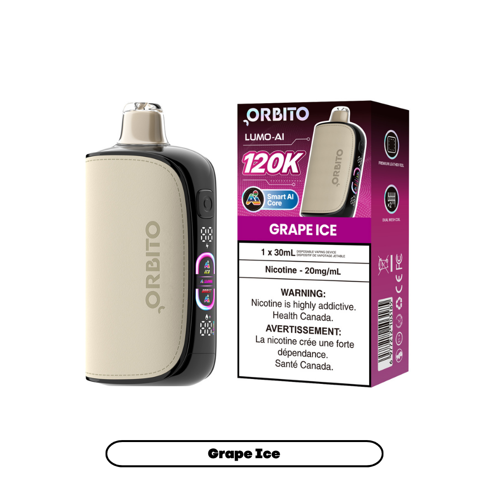 ORBITO LUMO-AI 120K Disposable Vape Grape Ice disposable vape with 120,000 puffs and mega screen in Canada