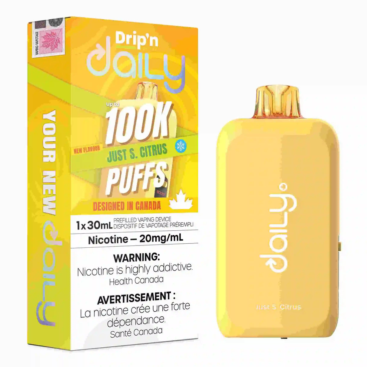Just S Citrus Drip’n Daily 30mL Disposable Vape with citrus flavour and 100,000 puffs