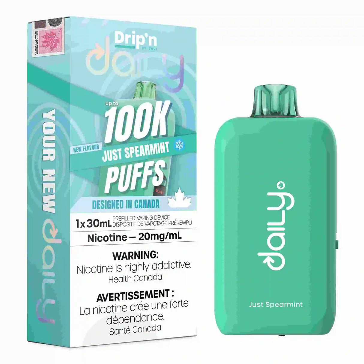 Just Spearmint Drip’n Daily 30mL Disposable Vape with spearmint flavour and 100,000 puffs