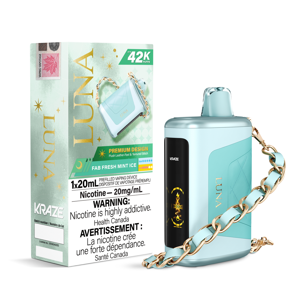 KRAZE LUNA 42k Puffs Disposable Vape, 20mL Prefilled vaping device - Fab Fresh Mint Ice