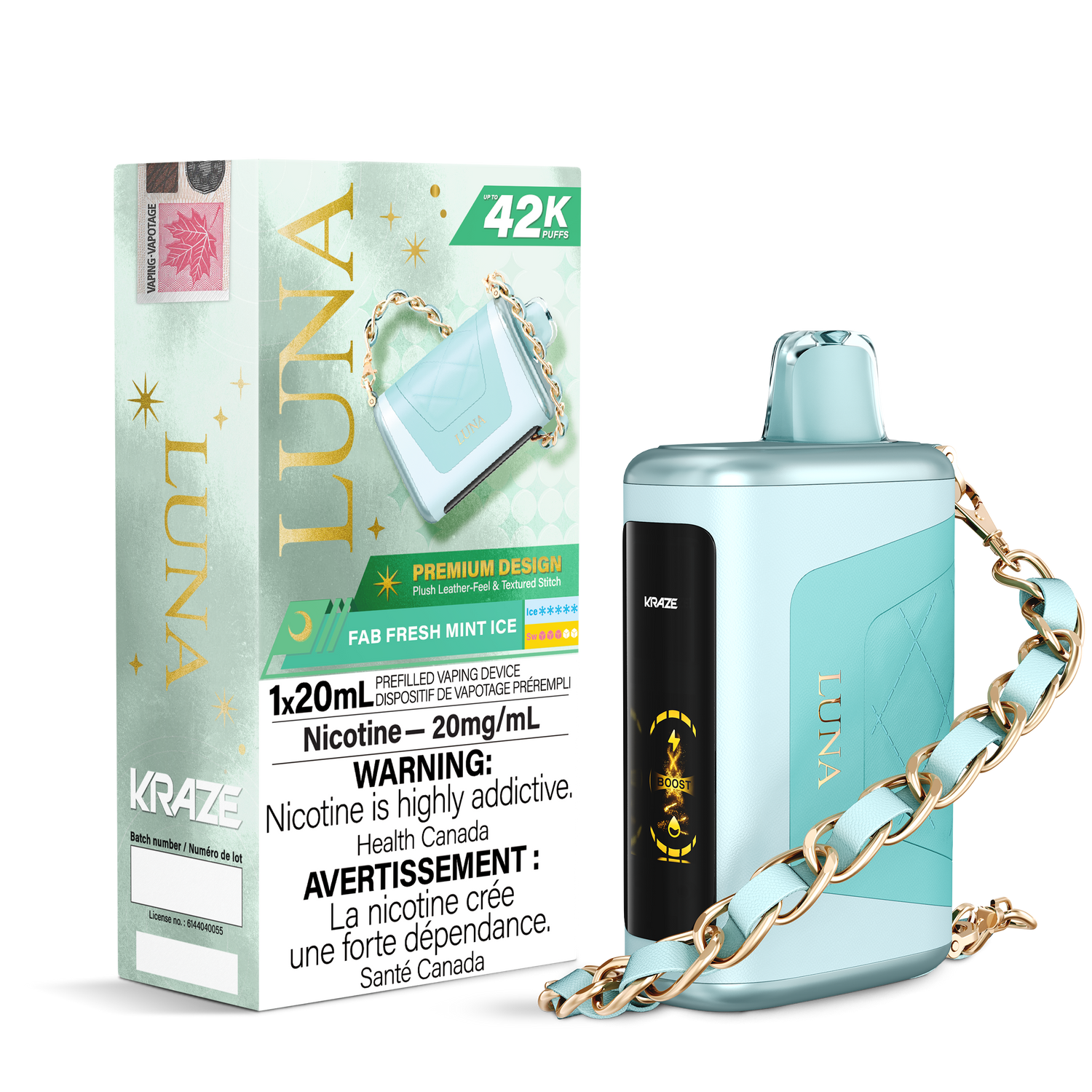 KRAZE LUNA 42k Puffs Disposable Vape, 20mL Prefilled vaping device - Fab Fresh Mint Ice
