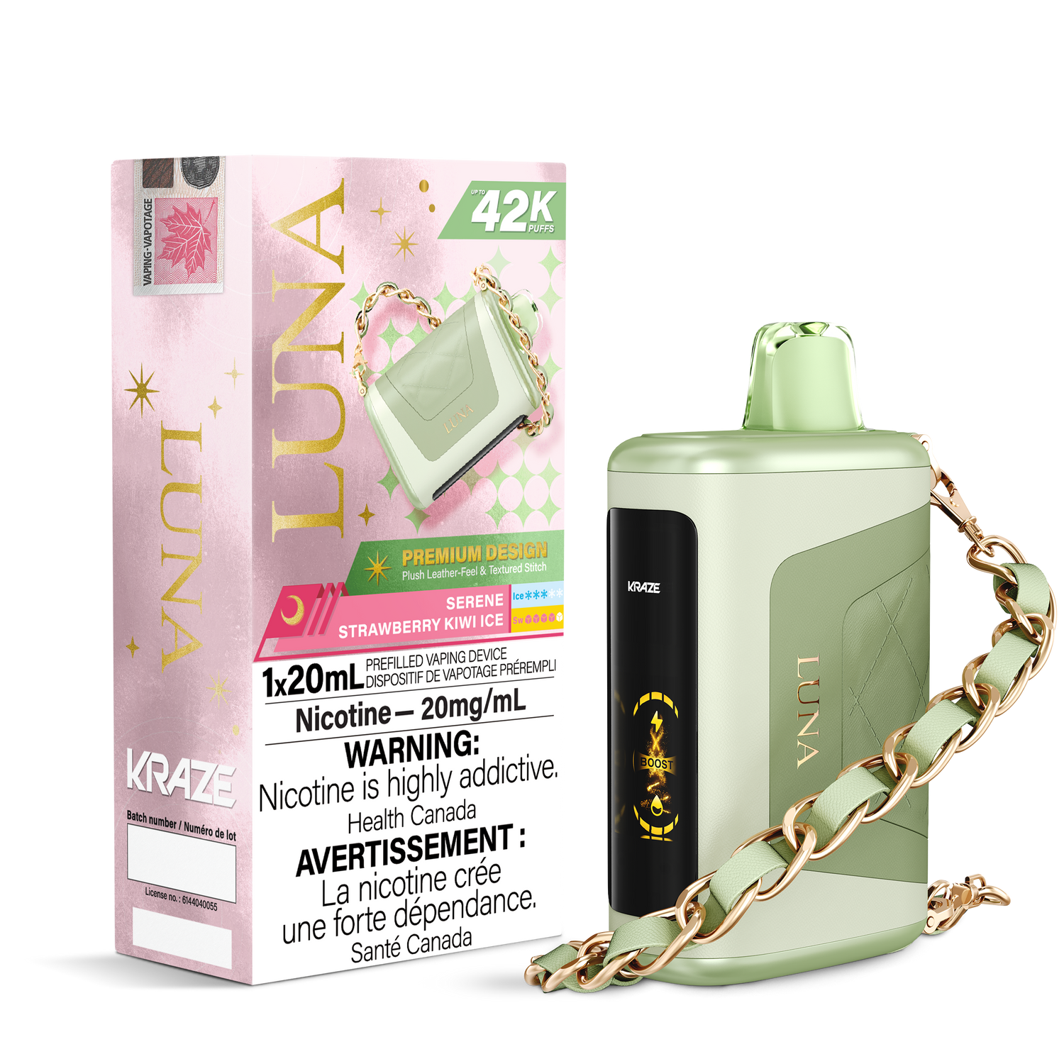 KRAZE LUNA 42k Puffs Disposable Vape, 20mL Prefilled vaping device. Serene Strawberry Kiwi Ice