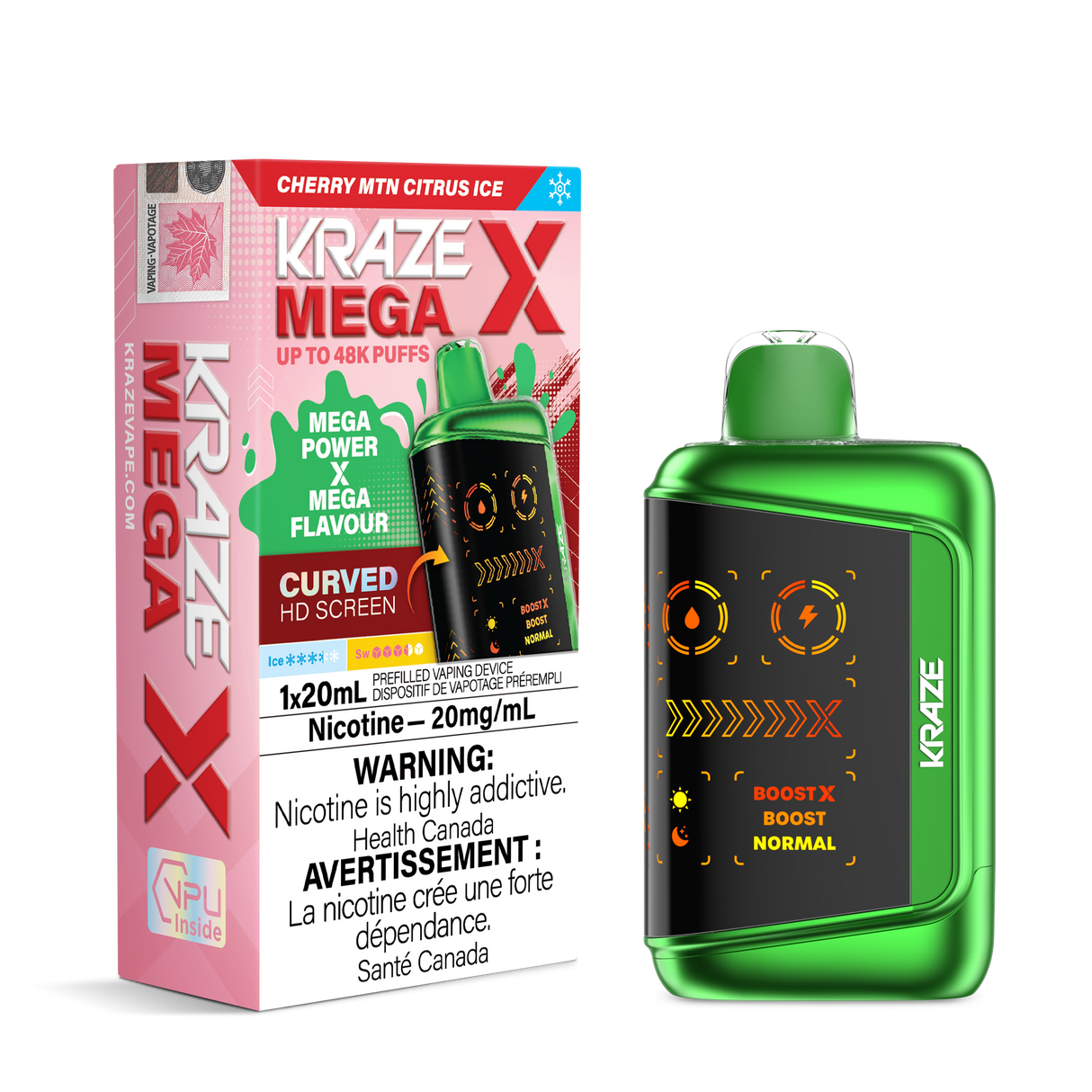 KRAZE MEGA X 48K Disposable Vape Cherry MTN Citrus Ice with cherry and citrus blend, 48,000 puffs, dual mesh coil and Boost X mode