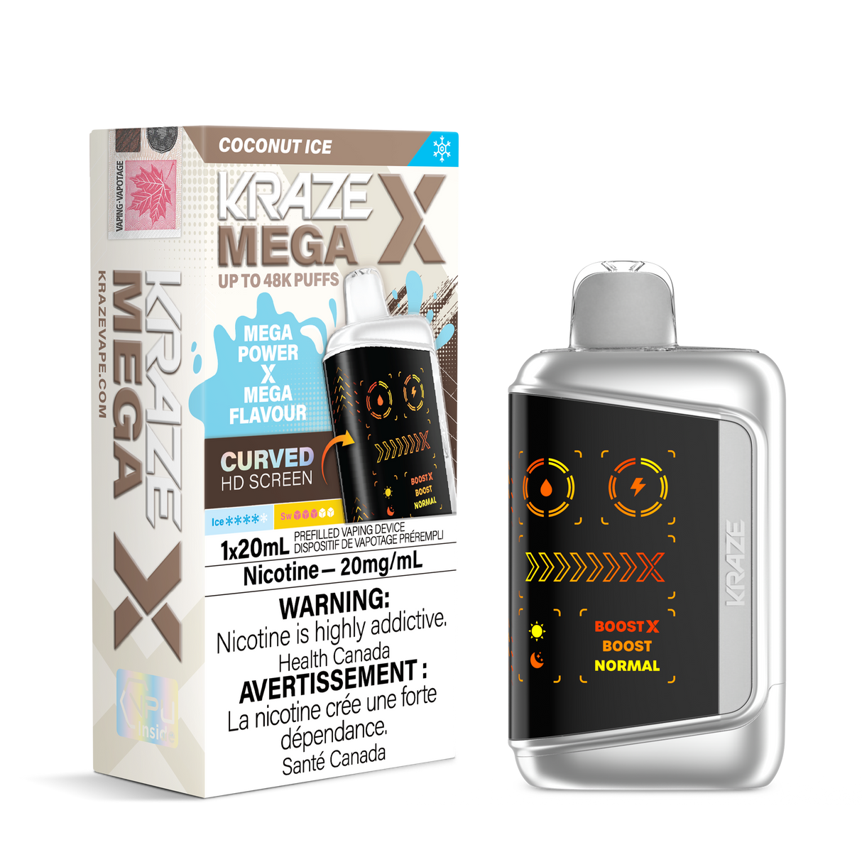 KRAZE MEGA X 48K Disposable Vape Coconut Ice with smooth coconut flavour, light icy finish, 20mL e-liquid and curved HD display