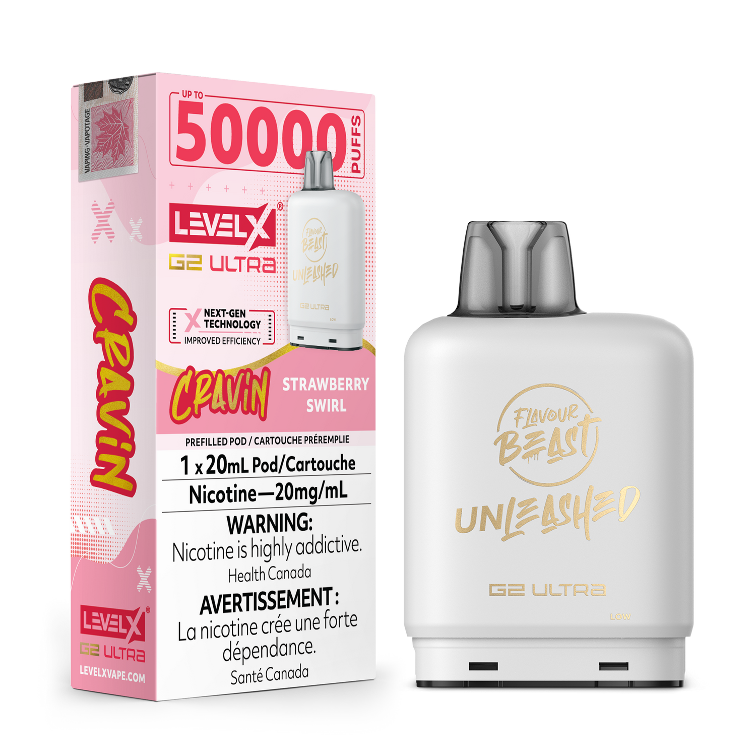 Cravin Strawberry Swirl Flavour Beast Unleashed Level X G2 Ultra Vape Pod. 20mg/ml nicotine strength and 20mL e-liquid.