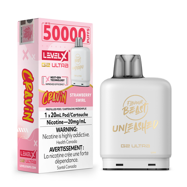 Cravin Strawberry Swirl Flavour Beast Unleashed Level X G2 Ultra Vape Pod. 20mg/ml nicotine strength and 20mL e-liquid.