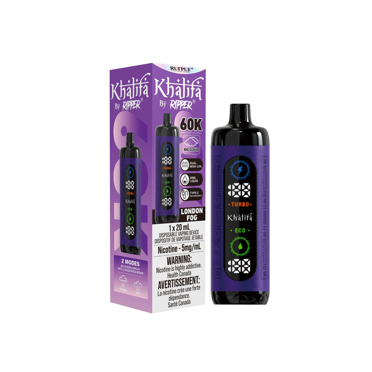 London Fog – Khalifa Bar Hookah Vape 60K Disposable 5mg 20mL.