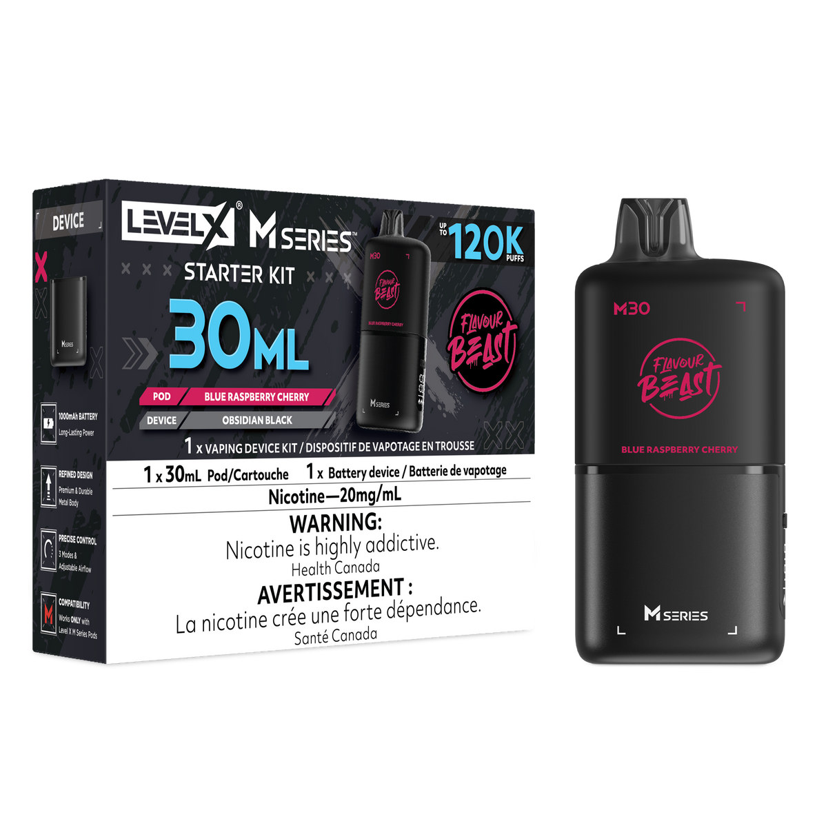 Blue Raspberry Cherry Level X M Series Starter Kit with Obsidian Black 1000mAh device and 30mL M30 pod rated up to 120K puffs