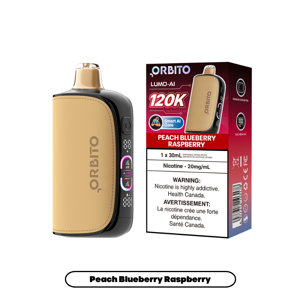 ORBITO LUMO-AI 120K Disposable Vape Peach Blueberry Raspberry disposable vape with 120,000 puffs and mega screen in Canada