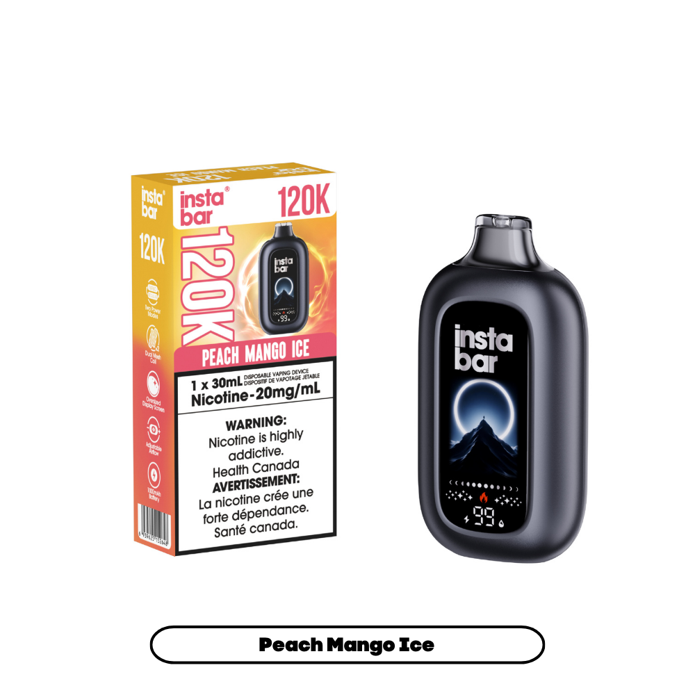 : INSTA BAR 120K Disposable Vape Peach Mango Ice with up to 120,000 puffs and dual mesh coil in Canada