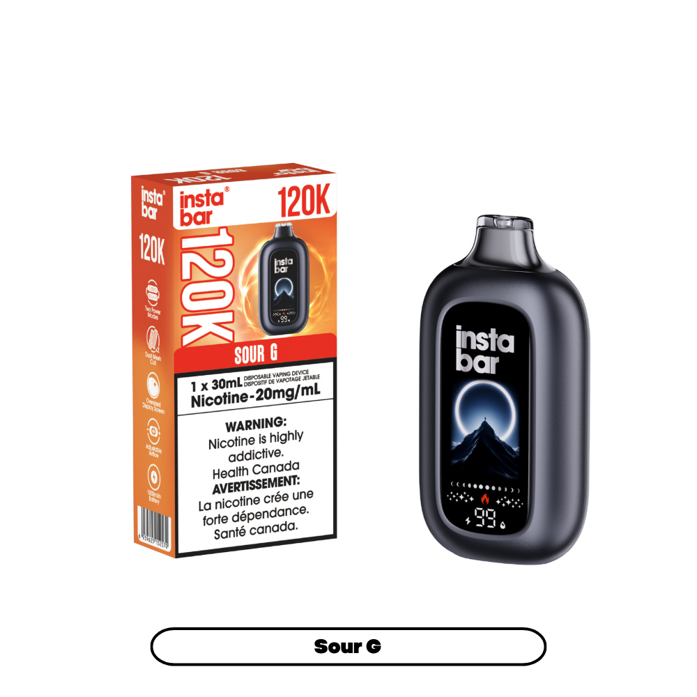 INSTA BAR 120K Disposable Vape Sour G with up to 120,000 puffs and dual mesh coil in Canada