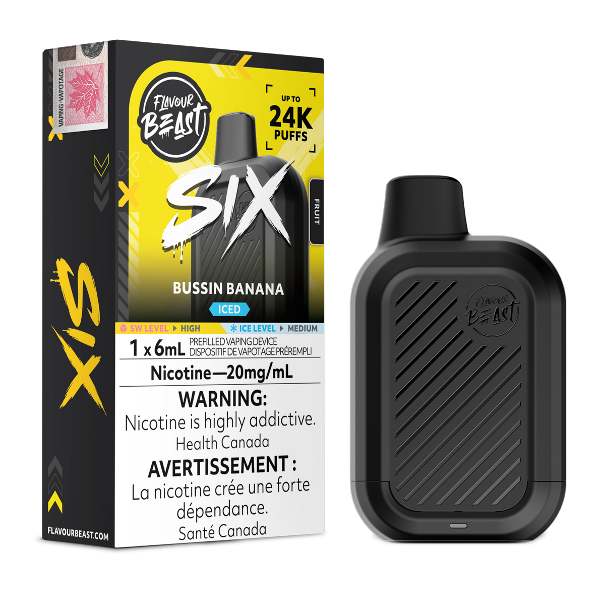 Bussin Banana Iced Flavour Beast SIX 24K disposable vape device and original flavour packaging