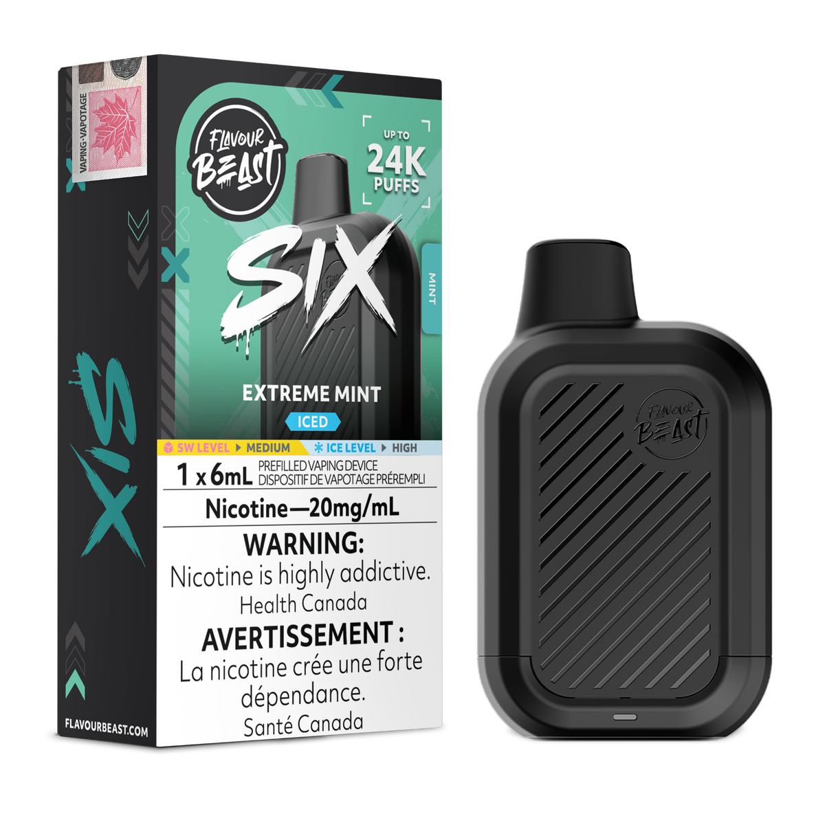 Extreme Mint Iced Flavour Beast SIX 24K disposable vape device and original flavour packaging
