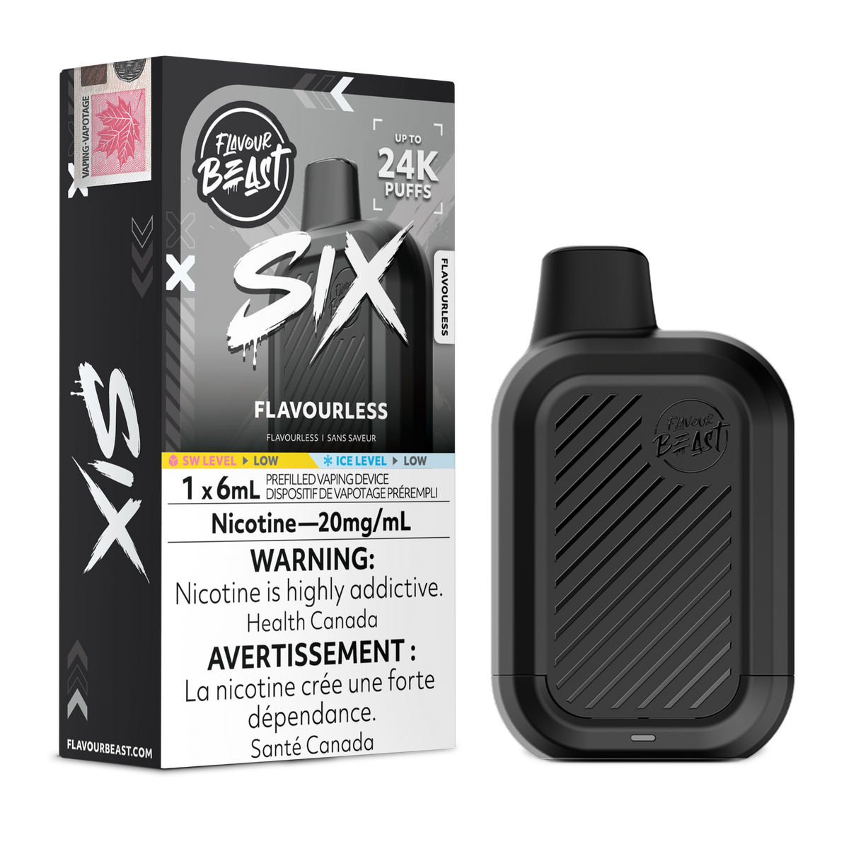Flavourless Flavour Beast SIX 24K disposable vape device and original flavour packaging