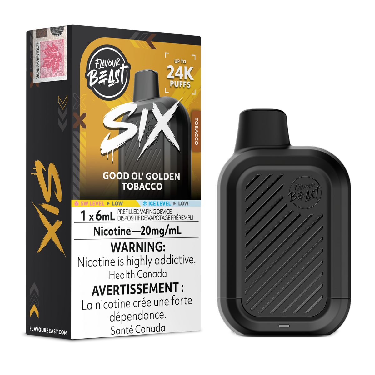 Good Ol' Golden Tobacco Flavour Beast SIX 24K disposable vape device and original flavour packaging