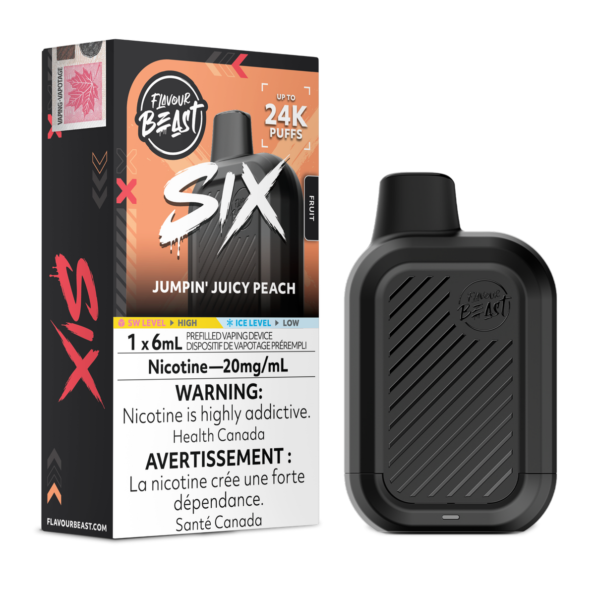 Jumpin' Juicy Peach Flavour Beast SIX 24K disposable vape device and original flavour packaging