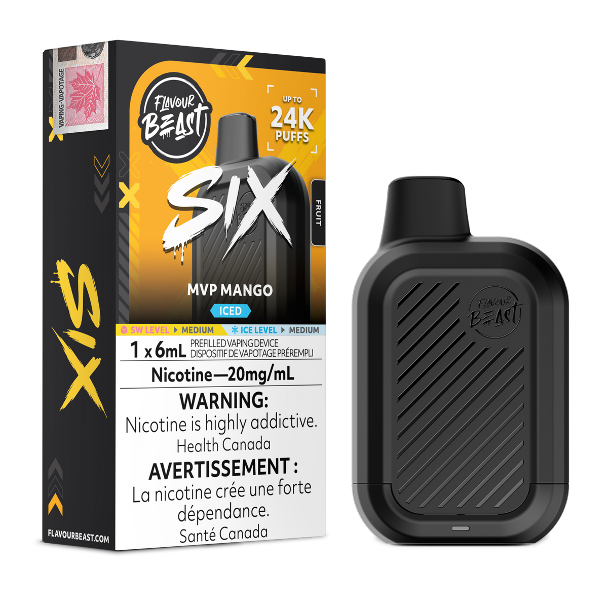 MVP Mango Iced Flavour Beast SIX 24K disposable vape device and original flavour packaging
