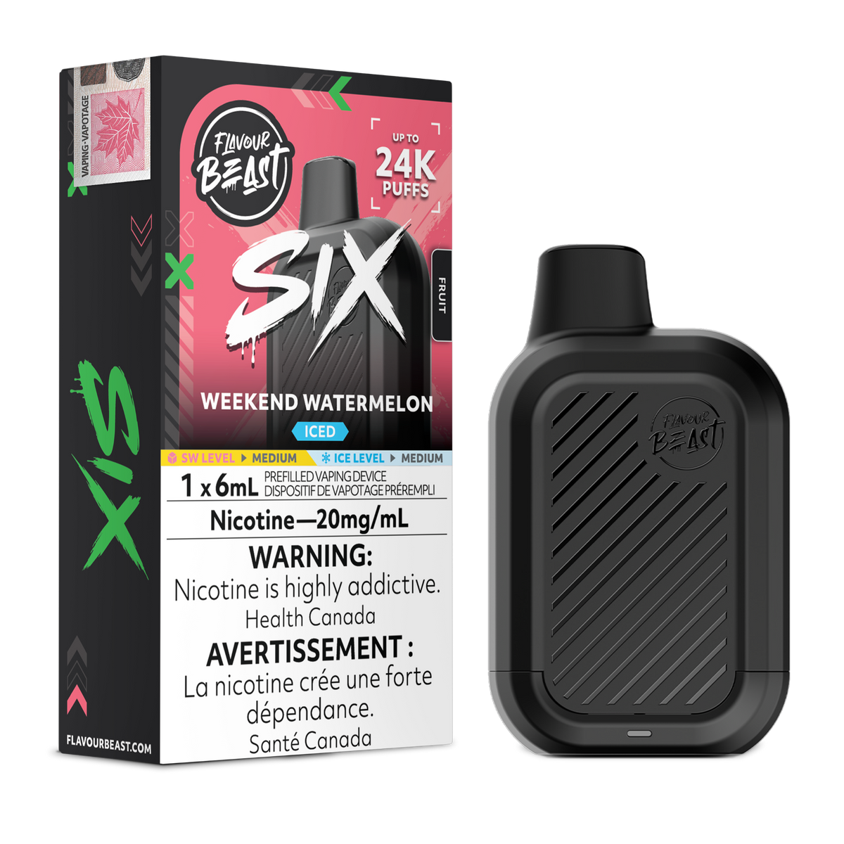 Weekend Watermelon Iced Flavour Beast SIX 24K disposable vape with flavour box and black device