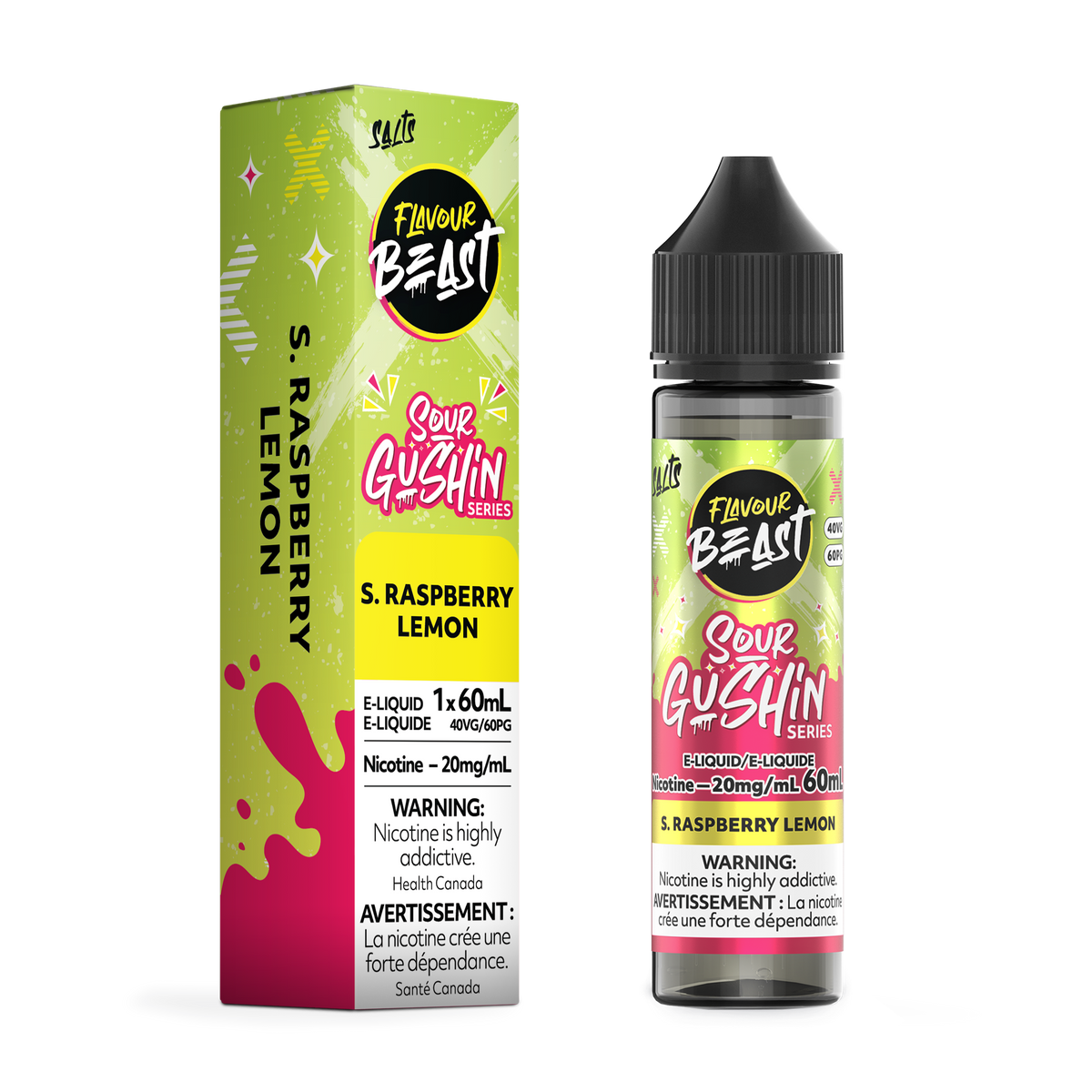 Flavour Beast Sour Gushin S. Raspberry Lemon 60mL nicotine salt e-liquid box and bottle, 20 mg/mL