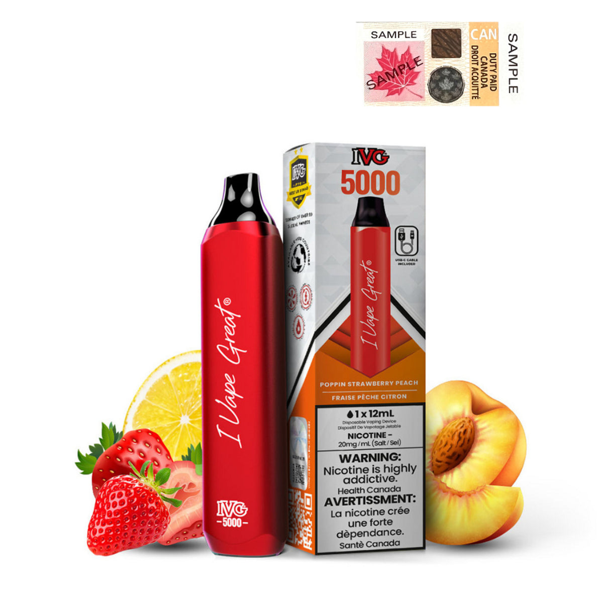 Poppin Strawberry Peach - IVG Bar Max 5000 Puffs Disposable Vape