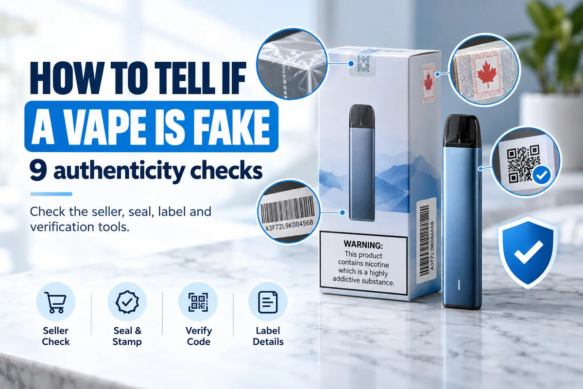 How to tell if a vape is fake feature image showing a vape device and box with authenticity checks such as seller check, seal and stamp, verification code, and label details.