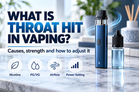 Feature image alt text: What is throat hit in vaping feature image showing a pod vape device and e-liquid bottle with key factors such as nicotine, PG/VG, airflow, and power setting.