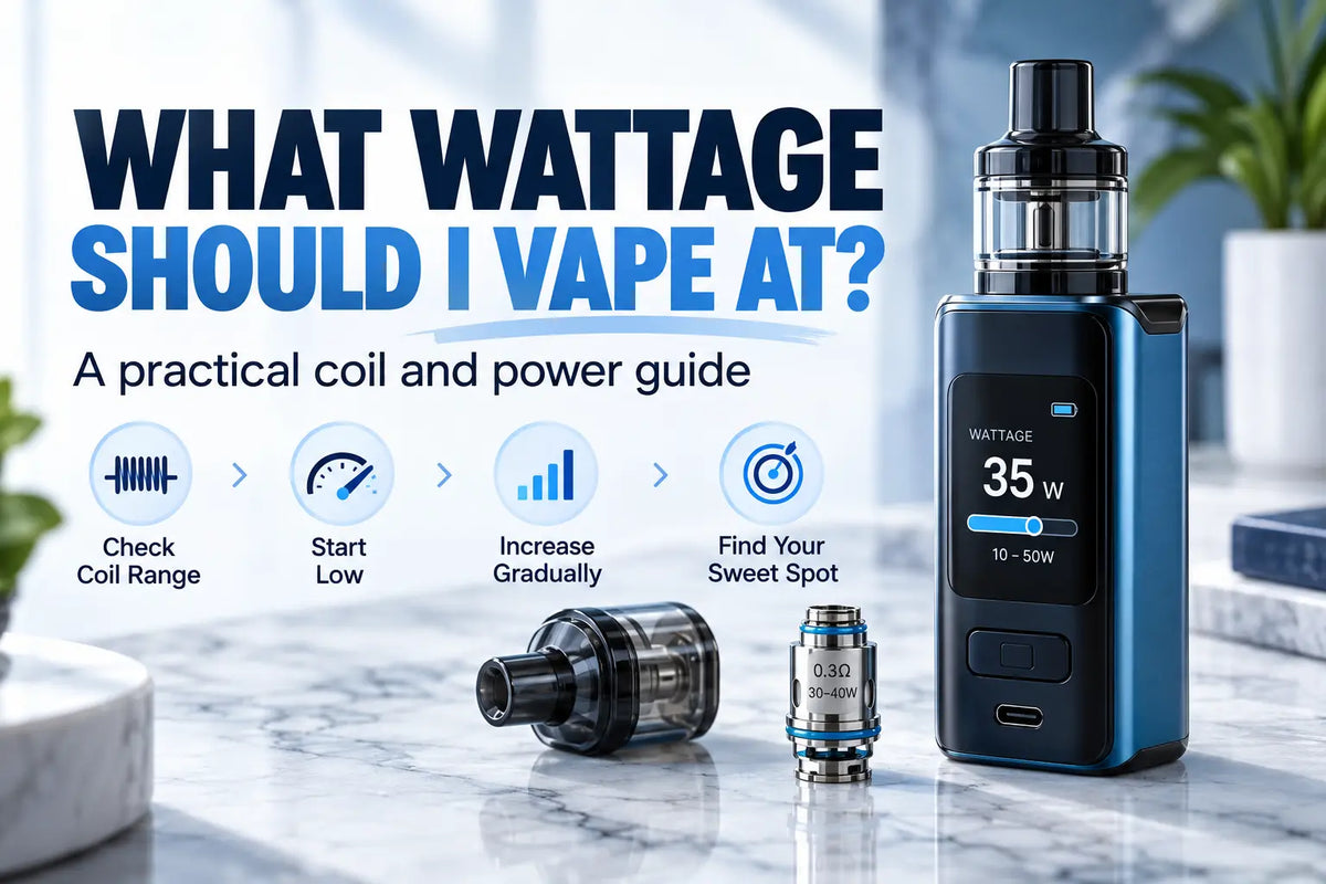 What wattage should I vape at feature image showing a vape mod, tank, and coil with guidance to check coil range, start low, increase gradually, and find the right wattage