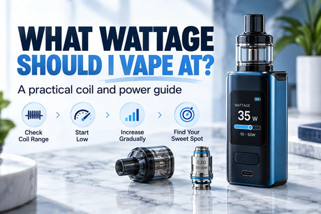 What wattage should I vape at feature image showing a vape mod, tank, and coil with guidance to check coil range, start low, increase gradually, and find the right wattage