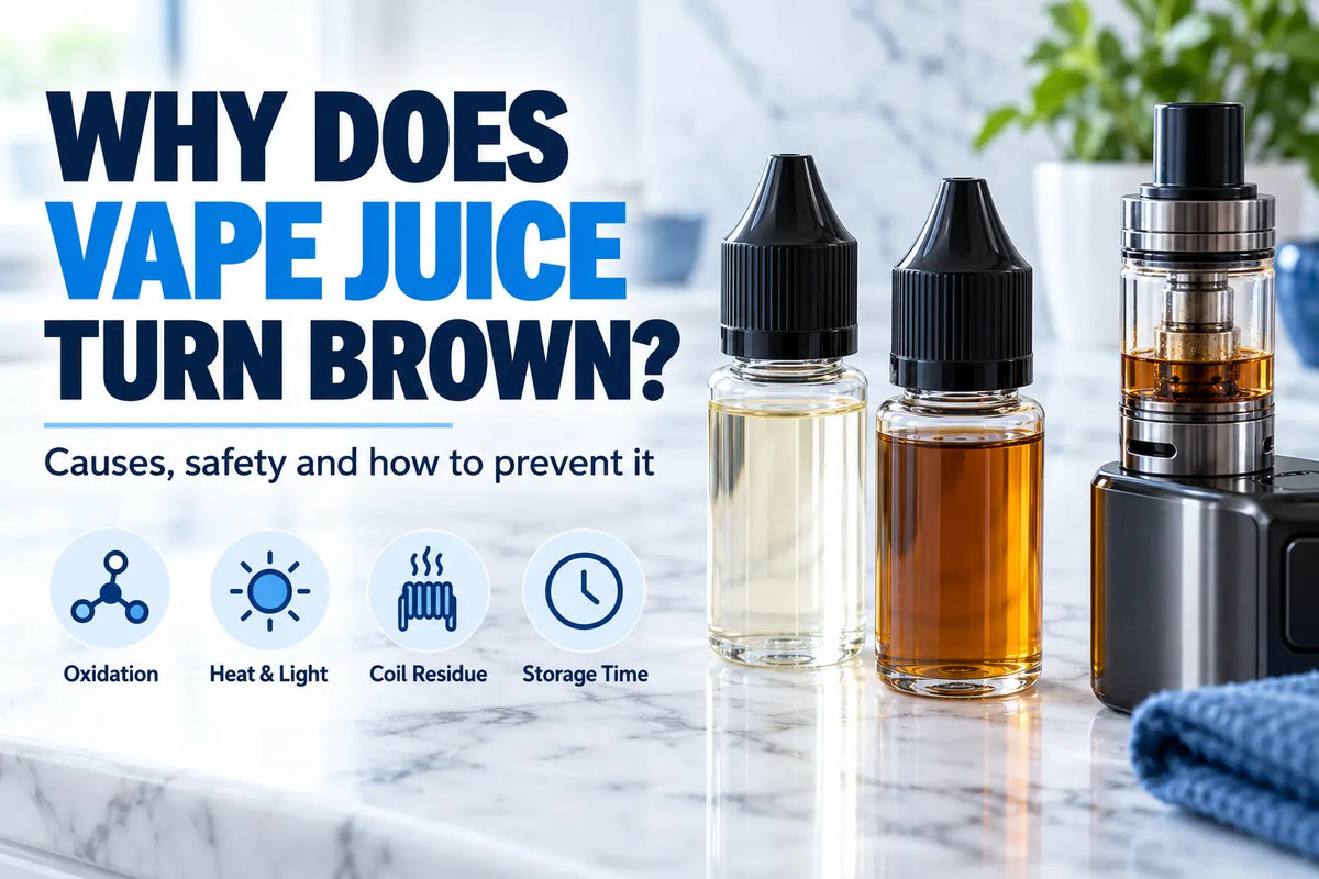 Why does vape juice turn brown feature image showing clear and darkened e-liquid bottles beside a vape tank, highlighting causes such as oxidation, heat and light, coil residue, and storage time.