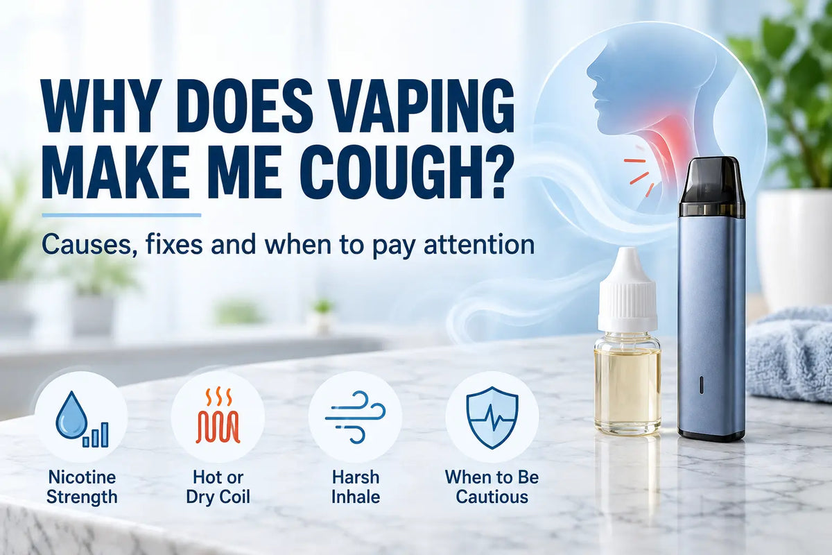 Why does vaping make me cough feature image showing a vape device and e-liquid bottle with causes such as nicotine strength, hot or dry coil, harsh inhale, and when to be cautious.