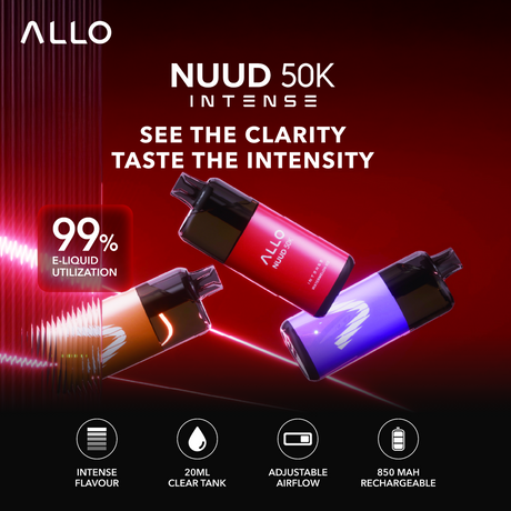 Allo Intense NUUD 50K Disposable Vape – Clear Tank Technology, 50,000 Puffs, Adjustable Airflow, 20mL Salt Nic, 850mAh Rechargeable Type-C Battery