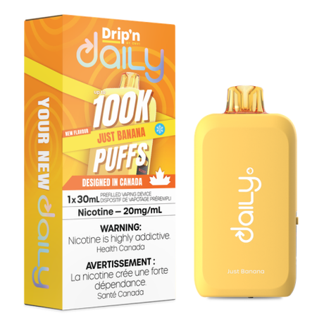 Drip’n Daily 30mL disposable vape with up to 100,000 puffs, Eco and Boost Mode, Daily Display, adjustable airflow, and 850mAh rechargeable battery.