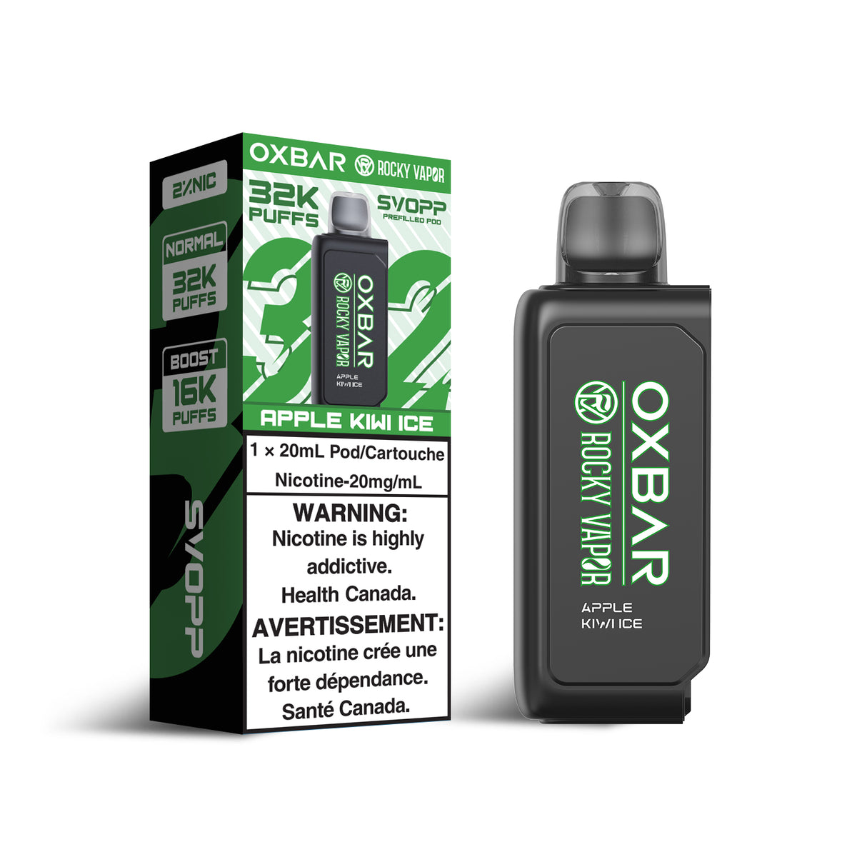 Oxbar Svopp Rocky Vapor 32K Pod - Apple Kiwi Ice Flavor - 20ml, 20mg/ml Nicotine