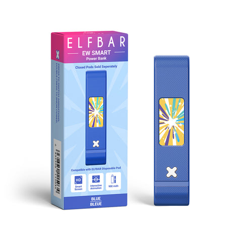 ElfBar EW25K LED Power Bank Battery Device with 900mAh, Type-C, HD smart Screen and interactive animation in blue colour.