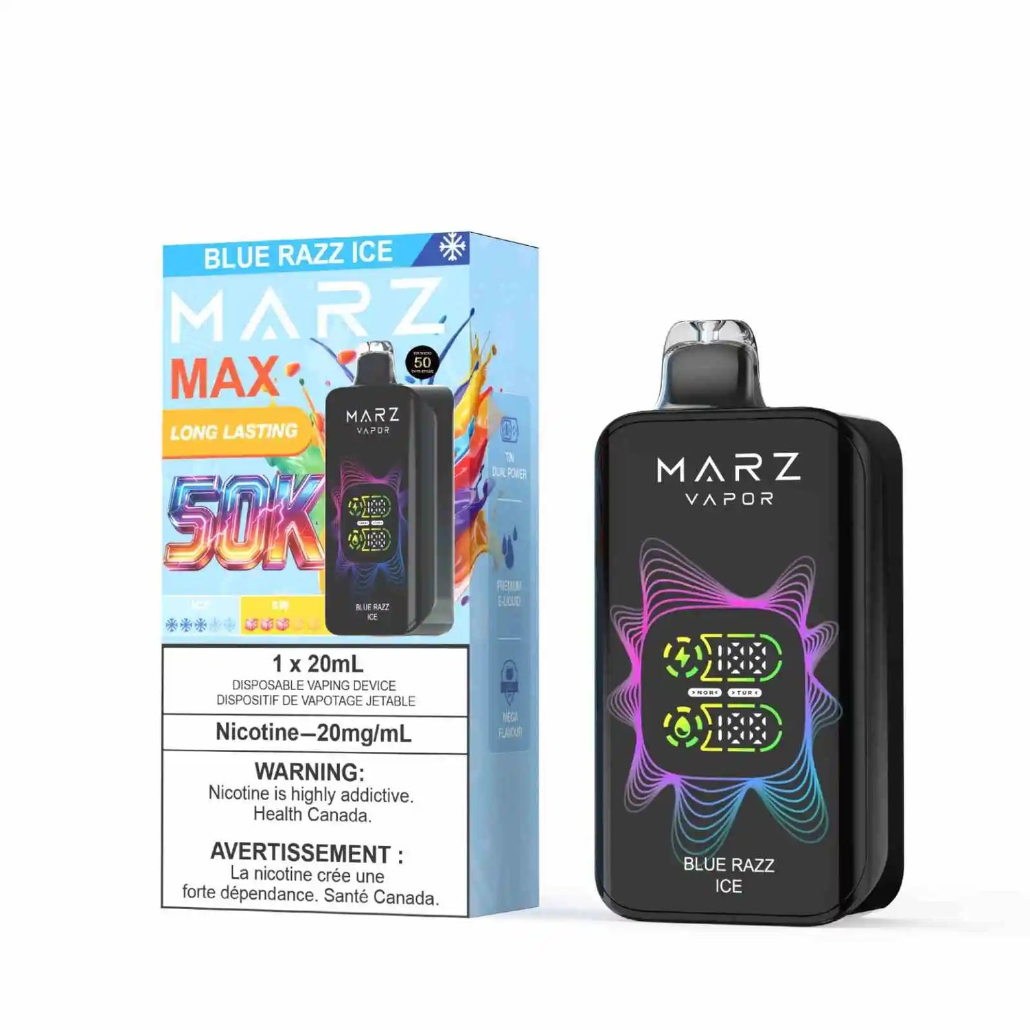 Blue Razz Ice MARZ Max 50K Disposable Vape featuring tangy blue raspberry flavour with an icy finish