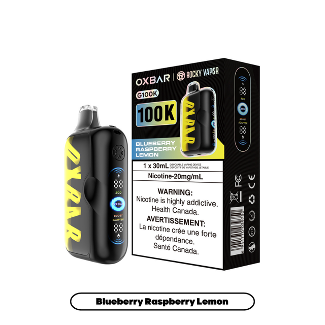 Blueberry Raspberry Lemon Oxbar Rocky Vapor G100K disposable vape, 100000 puffs, 20mg/mL nicotine, 30mL e-liquid, triple mode, dual mesh coil, LED screen