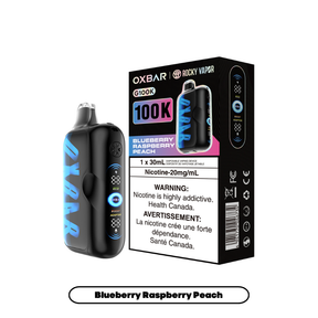 Blueberry Raspberry Peach Oxbar Rocky Vapor G100K disposable vape, 100000 puffs, 20mg/mL nicotine, 30mL e-liquid, triple mode, dual mesh coil, LED screen