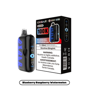 Blueberry Raspberry Watermelon Oxbar Rocky Vapor G100K disposable vape, 100000 puffs, 20mg/mL nicotine, 30mL e-liquid, triple mode, dual mesh coil, LED screen