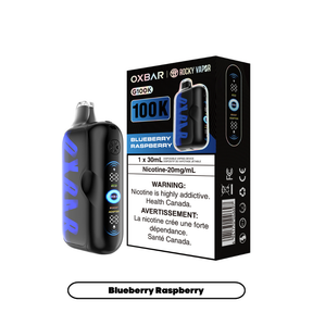 Blueberry Raspberry Oxbar Rocky Vapor G100K disposable vape, 100000 puffs, 20mg/mL nicotine, 30mL e-liquid, triple mode, dual mesh coil, LED screen
