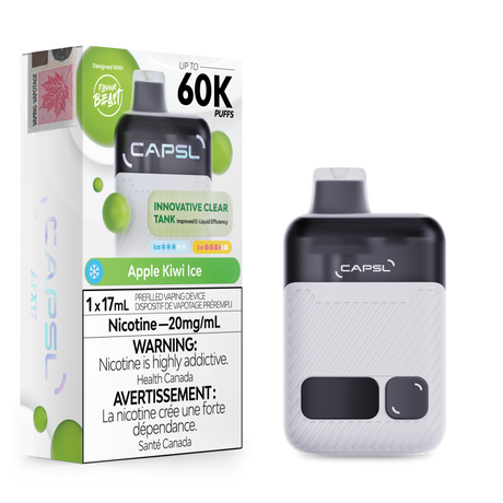 CAPSL 60K Apple Kiwi Ice disposable vape with 60000 puffs and 20mg nicotine shown with device and box packaging.