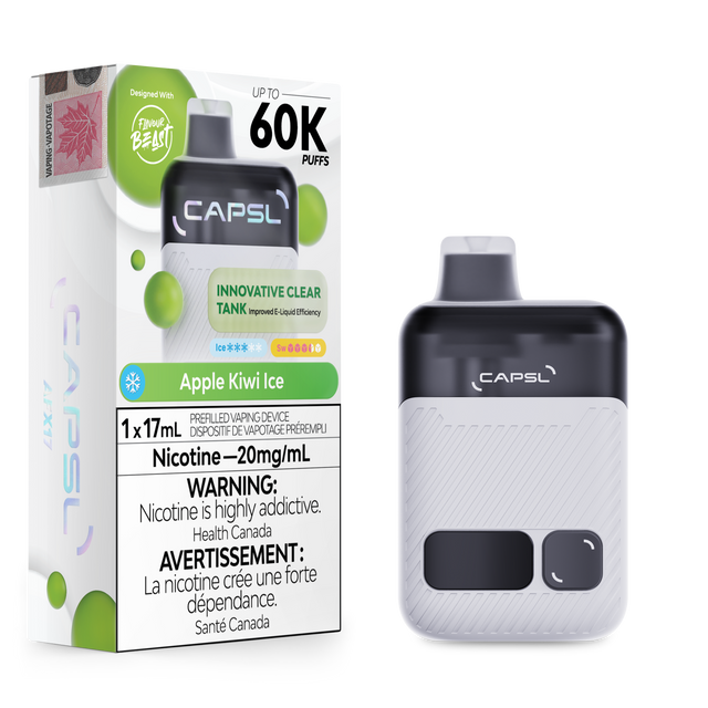 CAPSL 60K Apple Kiwi Ice disposable vape with 60000 puffs and 20mg nicotine shown with device and box packaging.